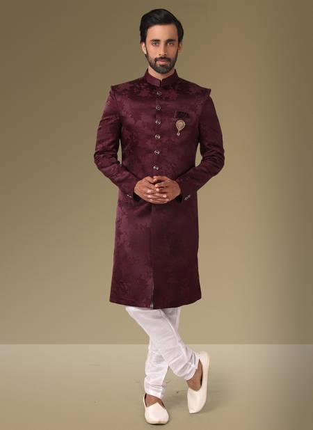 Wine Colour Exclusive Traditional Wear Jacquard Banarasi Brocade Indo Western Mens New Collection 1131